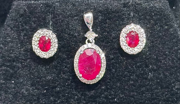 14k White Gold Ruby Earrings and 10k Ruby Pendant Set