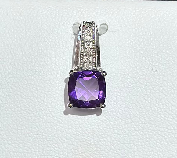 10k White Gold 1.12ct. Amethyst .03ct. Diamond Pendant