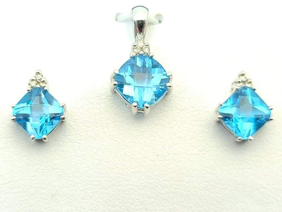 14k Blue Topaz and Diamond Pendant and Earring set