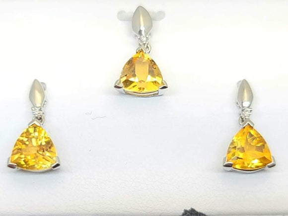 14k White Gold Citrine and Diamond Earring and Pendant Set