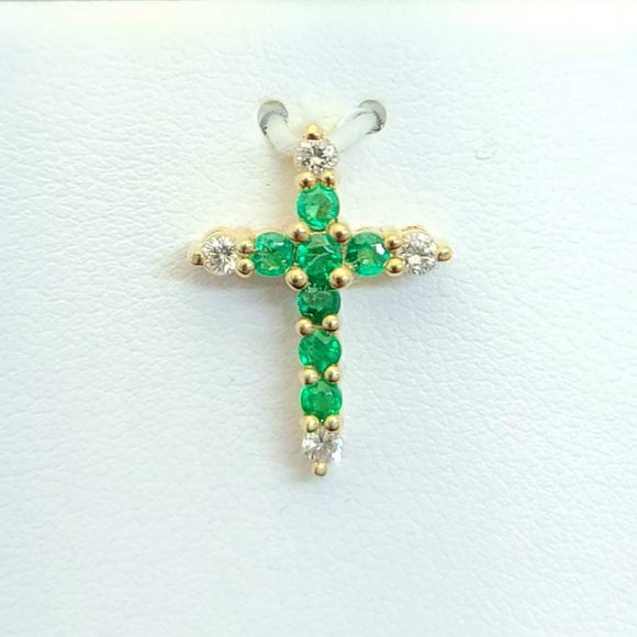 14k Yellow Gold Emerald and Diamond Cross Pendant